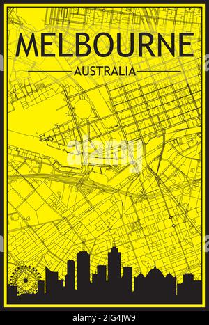 Golden printout city poster with panoramic skyline and hand-drawn streets network on yellow and black background of the downtown MELBOURNE, AUSTRALIA Stock Vector