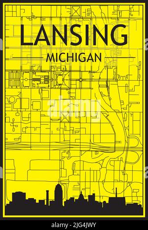 Golden printout city poster with panoramic skyline and hand-drawn streets network on yellow and black background of the downtown LANSING, MICHIGAN Stock Vector