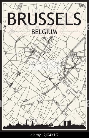 Light printout city poster with panoramic skyline and hand-drawn streets network on vintage beige background of the downtown BRUSSELS, BELGIUM Stock Vector