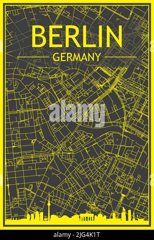 Yellow printout city poster with panoramic skyline and hand-drawn streets network on dark gray background of the downtown BERLIN, GERMANY Stock Vector