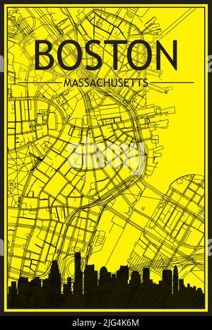 Golden printout city poster with panoramic skyline and hand-drawn streets network on yellow and black background of the downtown BOSTON, MASSACHUSETTS Stock Vector