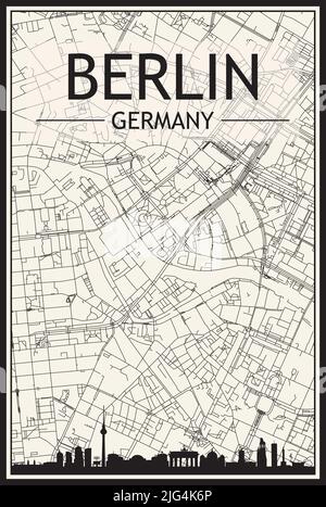 Light printout city poster with panoramic skyline and hand-drawn streets network on vintage beige background of the downtown BERLIN, GERMANY Stock Vector