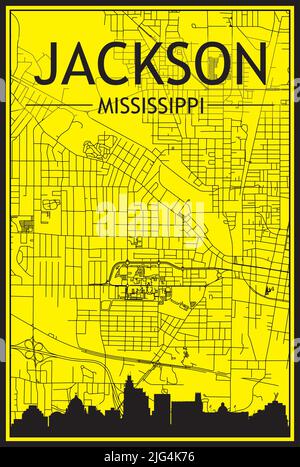 Golden printout city poster with panoramic skyline and hand-drawn streets network on yellow and black background of the downtown JACKSON, MISSISSIPPI Stock Vector