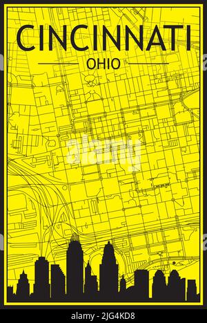 Golden printout city poster with panoramic skyline and hand-drawn streets network on yellow and black background of the downtown CINCINNATI, OHIO Stock Vector