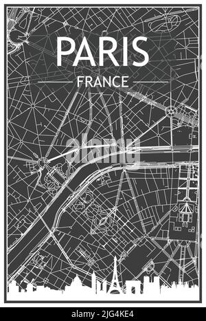 Dark printout city poster with panoramic skyline and hand-drawn streets network on dark gray background of the downtown PARIS, FRANCE Stock Vector