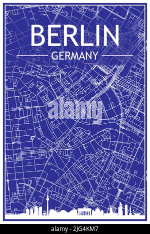 Technical drawing printout city poster with panoramic skyline and hand-drawn streets network on blue background of the downtown BERLIN, GERMANY Stock Vector