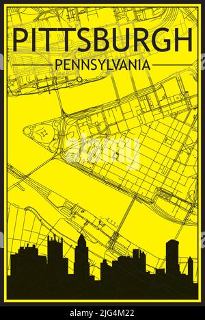 Golden printout city poster with panoramic skyline and hand-drawn streets network on yellow and black background of the downtown PITTSBURGH, PENNSYLVA Stock Vector