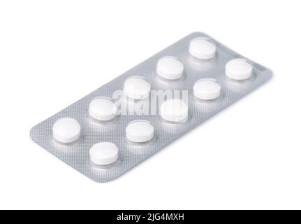 White pills in blister pack isolated on white Stock Photo