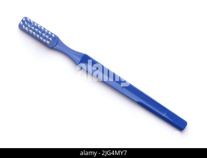 Top view of blue plastic toothbrush isolated on white Stock Photo
