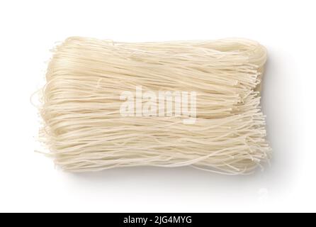 Top view of dried uncooked rice noodles isolated on white Stock Photo