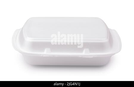 Front view of closed white disposable styrofoam food container isolated on white Stock Photo