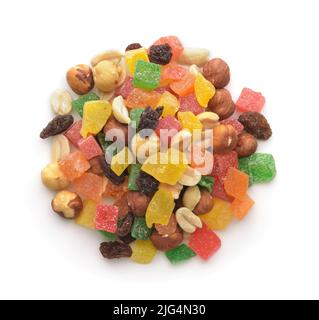 Top view of mixed candied fruit and nuts isolated on white Stock Photo