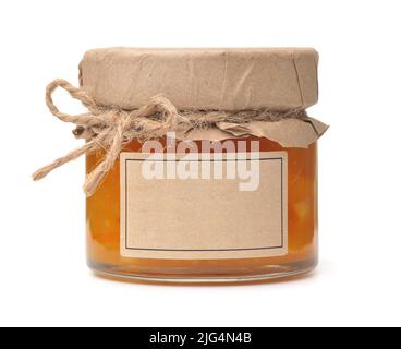 Front view of orange marmalade jar with blank label isolated on white Stock Photo