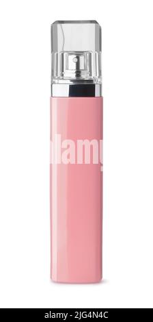 Front view of blank pink tall perfume bottle isolated on white Stock Photo