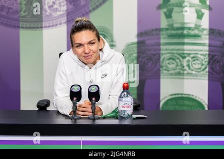 Simona Halep of Romania talks in a press conference following her defeat against Elena Rybakina of Kazakhstan in the Women's Singles Semi-Final match on day eleven of the 2022 Wimbledon Championships at the All England Lawn Tennis and Croquet Club, Wimbledon. Picture date: Thursday July 7, 2022. Stock Photo
