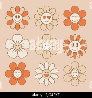 Cute and smiling flower collection in retro 70s style. Vintage floral patches. Vector illustration. Stock Vector