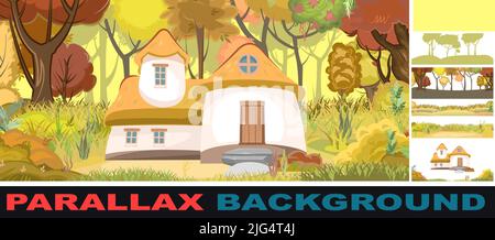 Fabulous funny house in clearing. Set parallax effect. Forest meadow landscape. Dwelling of gnome. Autumn,Beautiful cartoon illustration. Cute baby pi Stock Vector