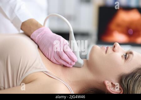 Ultrasound diagnosis of thyroid gland in young woman in clinic Stock Photo