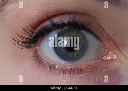 Wide open female eye with gray green pupil and a permanent arrow on eyelid Stock Photo
