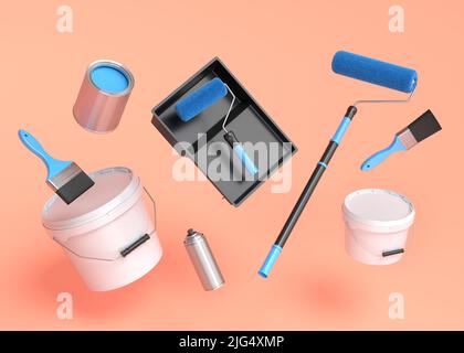 Set of flying safety helmet, bucket, tray with paint rollers and brushes for painting walls on orange background. 3d render of renovation apartment co Stock Photo