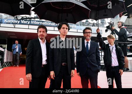 Karlovy Vary, Czech Republic. 07th July, 2022. L-R actor Vito Sanz, director Jonas Trueba and producer Javier Lafuente arrive to present their film You Have to Come and See It within the 56th International Film Festival Karlovy Vary (KVIFF), on July 7, 2022, in Karlovy Vary, Czech Republic. Credit: Katerina Sulova/CTK Photo/Alamy Live News Stock Photo