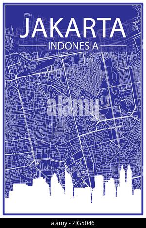 Technical drawing printout city poster with panoramic skyline and hand-drawn streets network on blue background of the downtown JAKARTA, INDONESIA Stock Vector