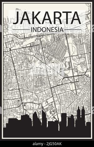 Light printout city poster with panoramic skyline and hand-drawn streets network on vintage beige background of the downtown JAKARTA, INDONESIA Stock Vector