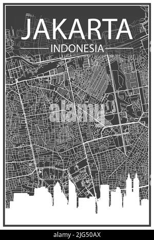 Dark printout city poster with panoramic skyline and hand-drawn streets network on dark gray background of the downtown JAKARTA, INDONESIA Stock Vector