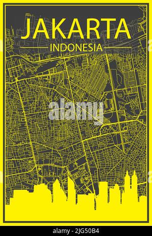 Yellow printout city poster with panoramic skyline and hand-drawn streets network on dark gray background of the downtown JAKARTA, INDONESIA Stock Vector