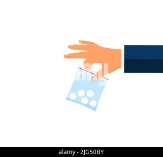 Hand giving drug pills in a plastic bag to another hand. Drug dealer concept. Flat design Eps 10 Stock Vector