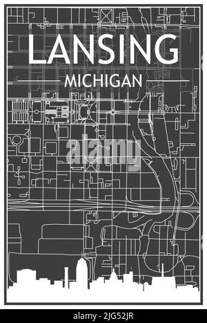 Dark printout city poster with panoramic skyline and hand-drawn streets network on dark gray background of the downtown LANSING, MICHIGAN Stock Vector