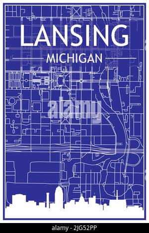 Technical drawing printout city poster with panoramic skyline and hand-drawn streets network on blue background of the downtown LANSING, MICHIGAN Stock Vector