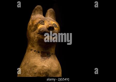 Leiden, The Netherlands - JAN 04, 2020: ancient cat mummy in a wooden cat sarcophagus figurine  painted with an eye of Horus amulet. Ancient egypt. Stock Photo