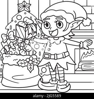 Christmas Elf Coloring Page for Kids Stock Vector