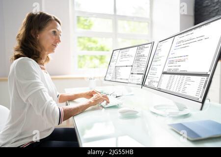 Programmer Woman Coding On Multiple Computer Screens Stock Photo