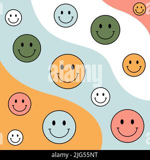 1970 trippy pattern smile. Different colorful smiles on a wavy background. 70s vibes background. Groovy hand drawn vector illustration. Stock Vector