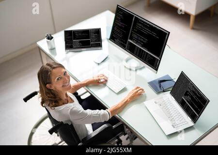 Programmer Woman Coding On Multiple Computer Screens Stock Photo