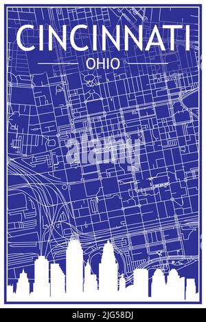 Technical drawing printout city poster with panoramic skyline and hand-drawn streets network on blue background of the downtown CINCINNATI, OHIO Stock Vector