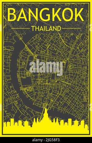 Yellow printout city poster with panoramic skyline and hand-drawn streets network on dark gray background of the downtown BANGKOK, THAILAND Stock Vector