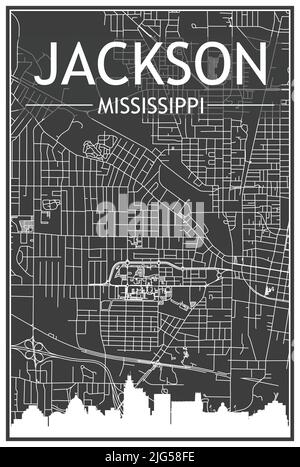 Dark printout city poster with panoramic skyline and hand-drawn streets network on dark gray background of the downtown JACKSON, MISSISSIPPI Stock Vector