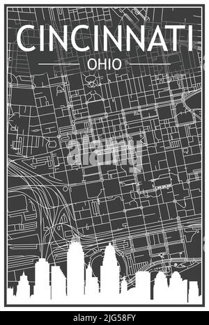 Dark printout city poster with panoramic skyline and hand-drawn streets network on dark gray background of the downtown CINCINNATI, OHIO Stock Vector