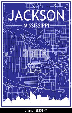 Technical drawing printout city poster with panoramic skyline and hand-drawn streets network on blue background of the downtown JACKSON, MISSISSIPPI Stock Vector