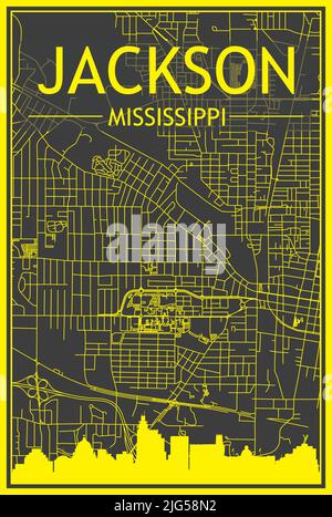 Yellow printout city poster with panoramic skyline and hand-drawn streets network on dark gray background of the downtown JACKSON, MISSISSIPPI Stock Vector