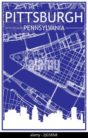Technical drawing printout city poster with panoramic skyline and hand-drawn streets network on blue background of the downtown PITTSBURGH, PENNSYLVAN Stock Vector