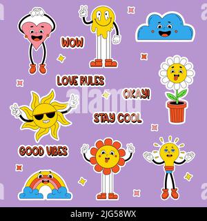 Set retro cartoon stickers with funny comic characters, gloved hands and cool words in trendy style. Vector isolated drawings of heart, sun, flower po Stock Vector