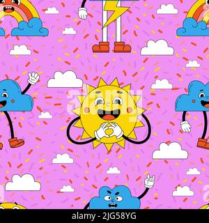 Retro psychedelic seamless pattern. Vector hippy background with 70s vibes groovy elements funny comic characters, gloved hands. Cartoon funky, sun, r Stock Vector