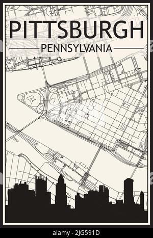 Light printout city poster with panoramic skyline and hand-drawn streets network on vintage beige background of the downtown PITTSBURGH, PENNSYLVANIA Stock Vector
