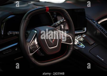 BERLIN - JUNE 18, 2022: Interior of the sports car Chevrolet Corvette (C8) Z51 3LT. Classic Days Berlin. Stock Photo