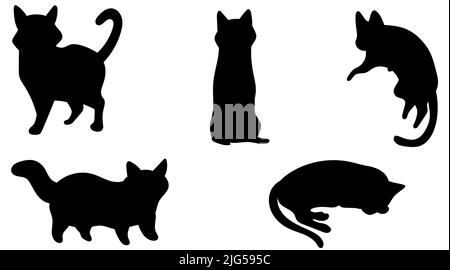Set of black cats silhouettes isolated on white background. Vector illustration, icons, clip art. Stock Vector