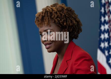 Washington, United States Of America. 07th July, 2022. White House Press Secretary Karine Jean-Pierre holds a briefing at the White House in Washington, DC on Thursday, July 7, 2022.Credit: Chris Kleponis/CNP Photo via Credit: Newscom/Alamy Live News